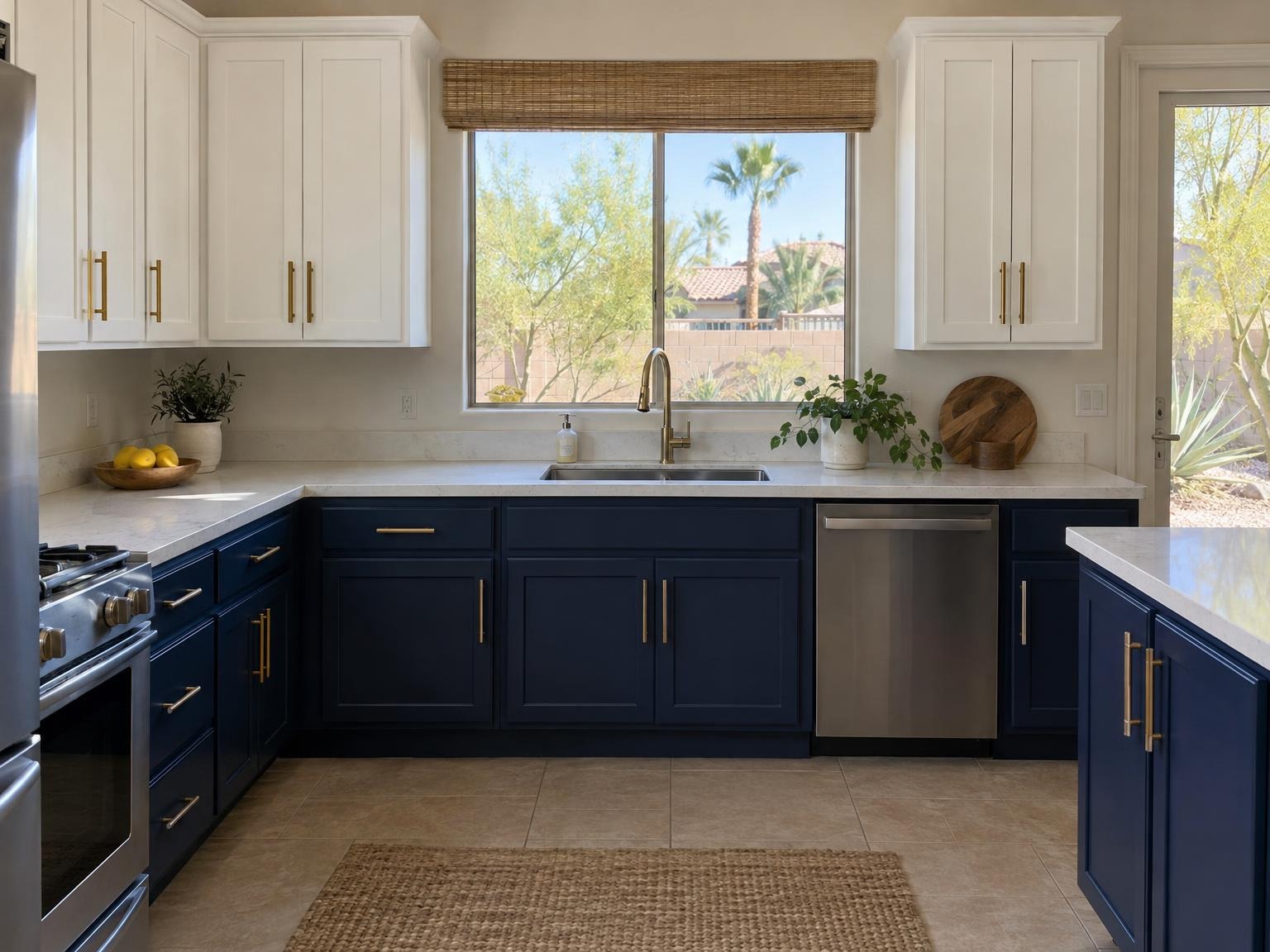 A second kitchen finished in navy and white