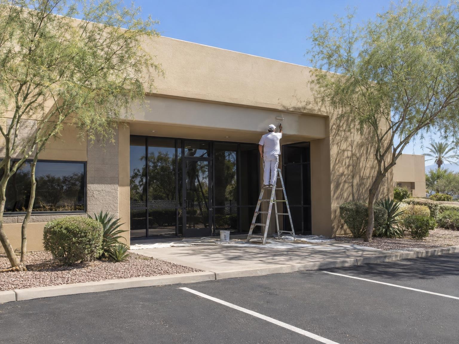 Painter with a ladder at an office building entrance