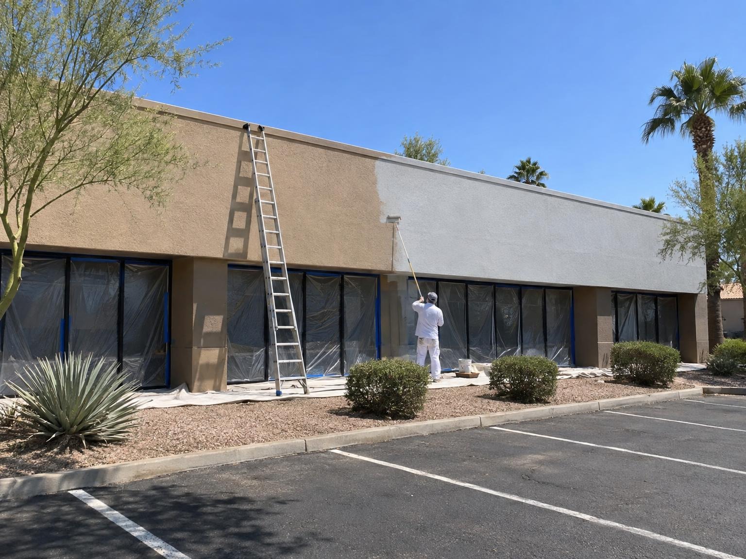 Office building exterior during painting