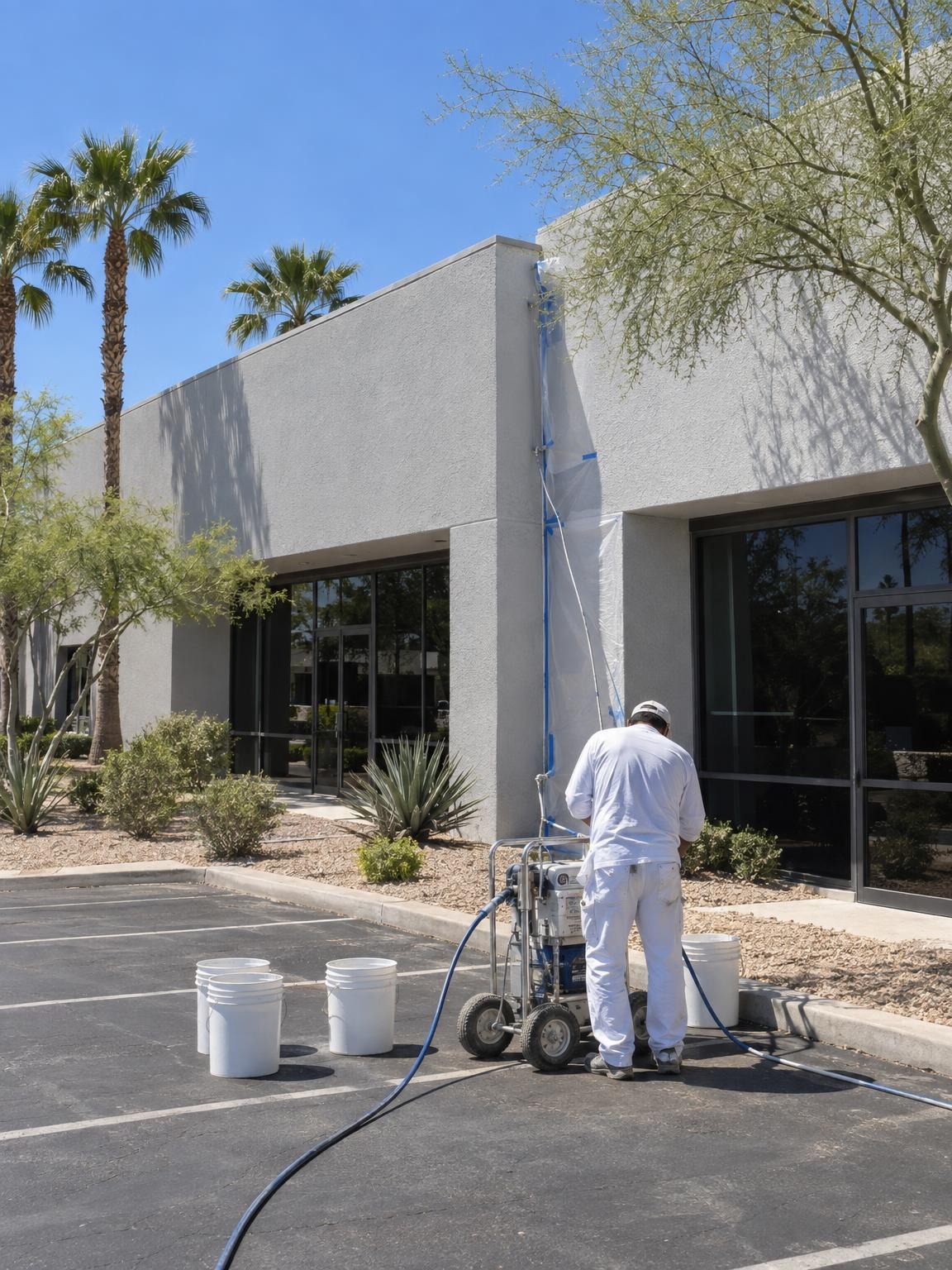 Painter at a spray rig beside a grey commercial building