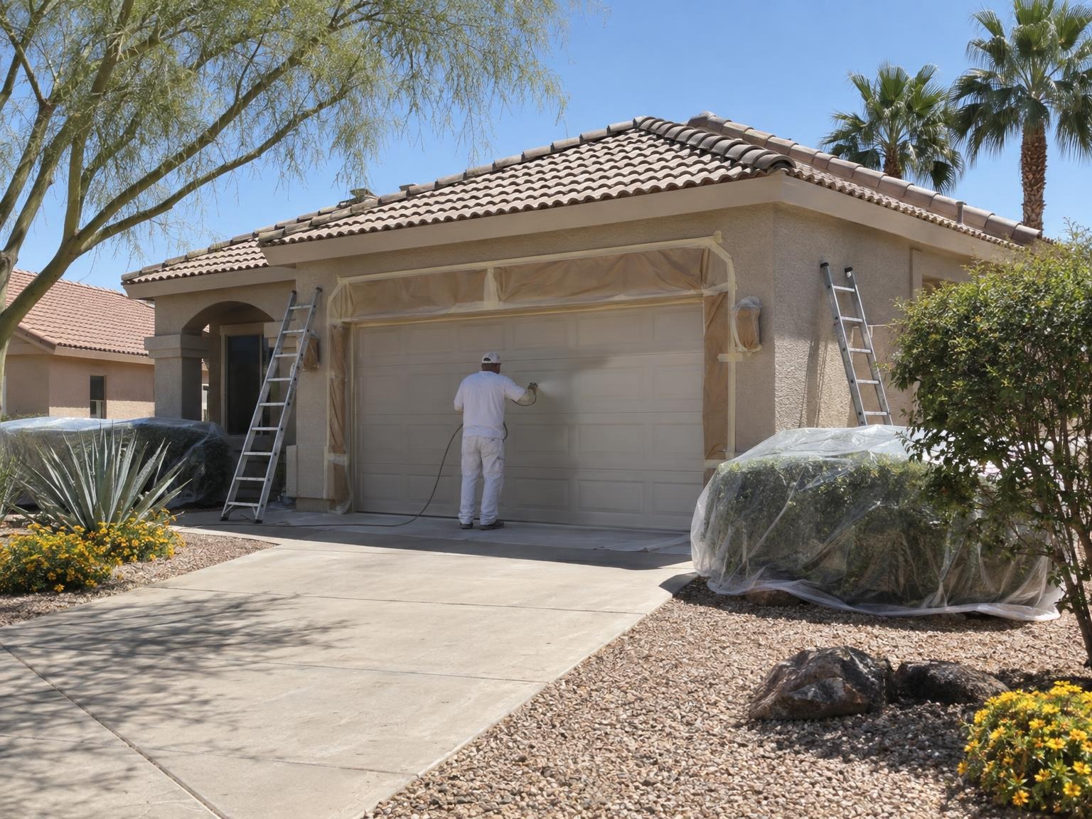 Painter spraying a garage door with ladders up