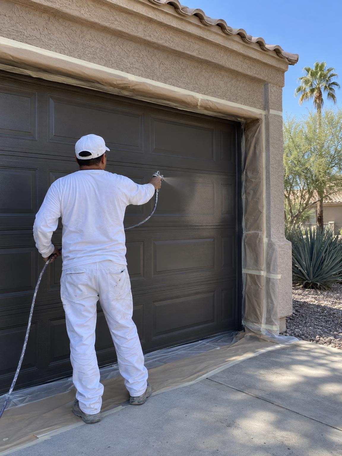 Painter in whites spraying a dark garage door, masking paper down