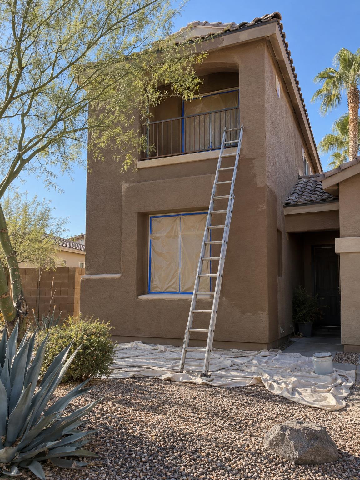 Two-story brown stucco home with a balcony, ladder still up
