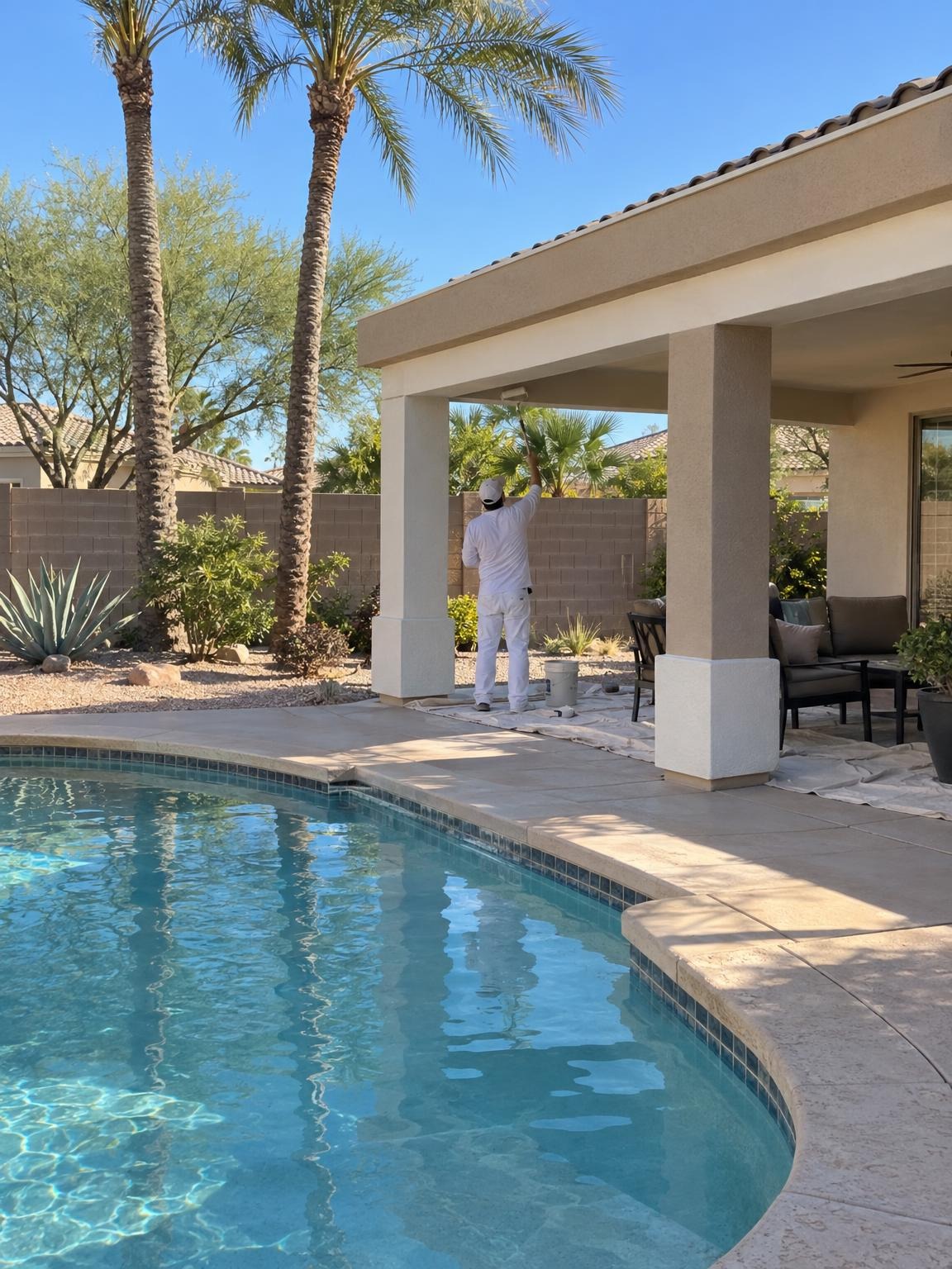 Backyard patio columns and ramada by a pool, mid-repaint