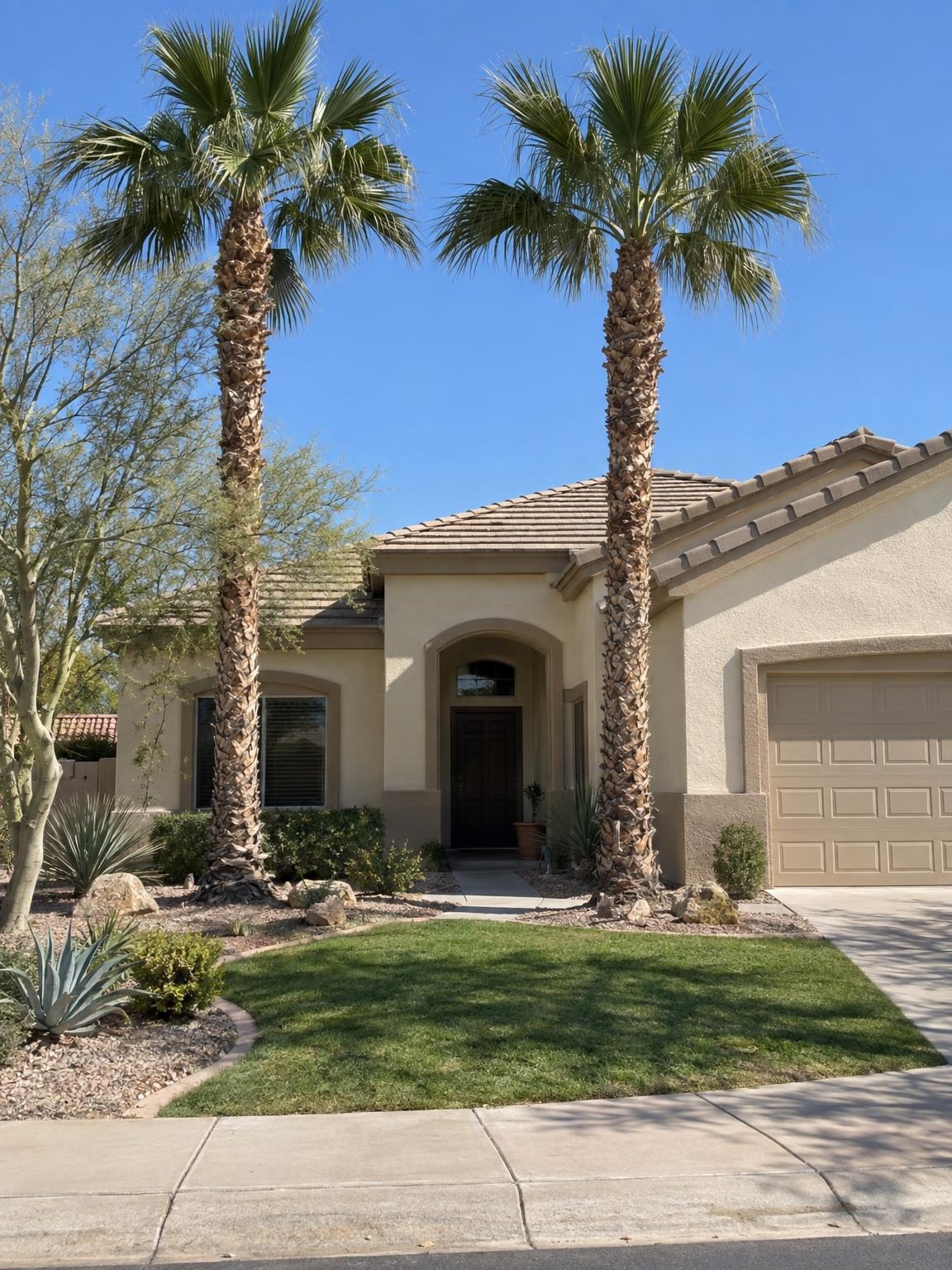 Single-story home with palms and a green lawn after painting