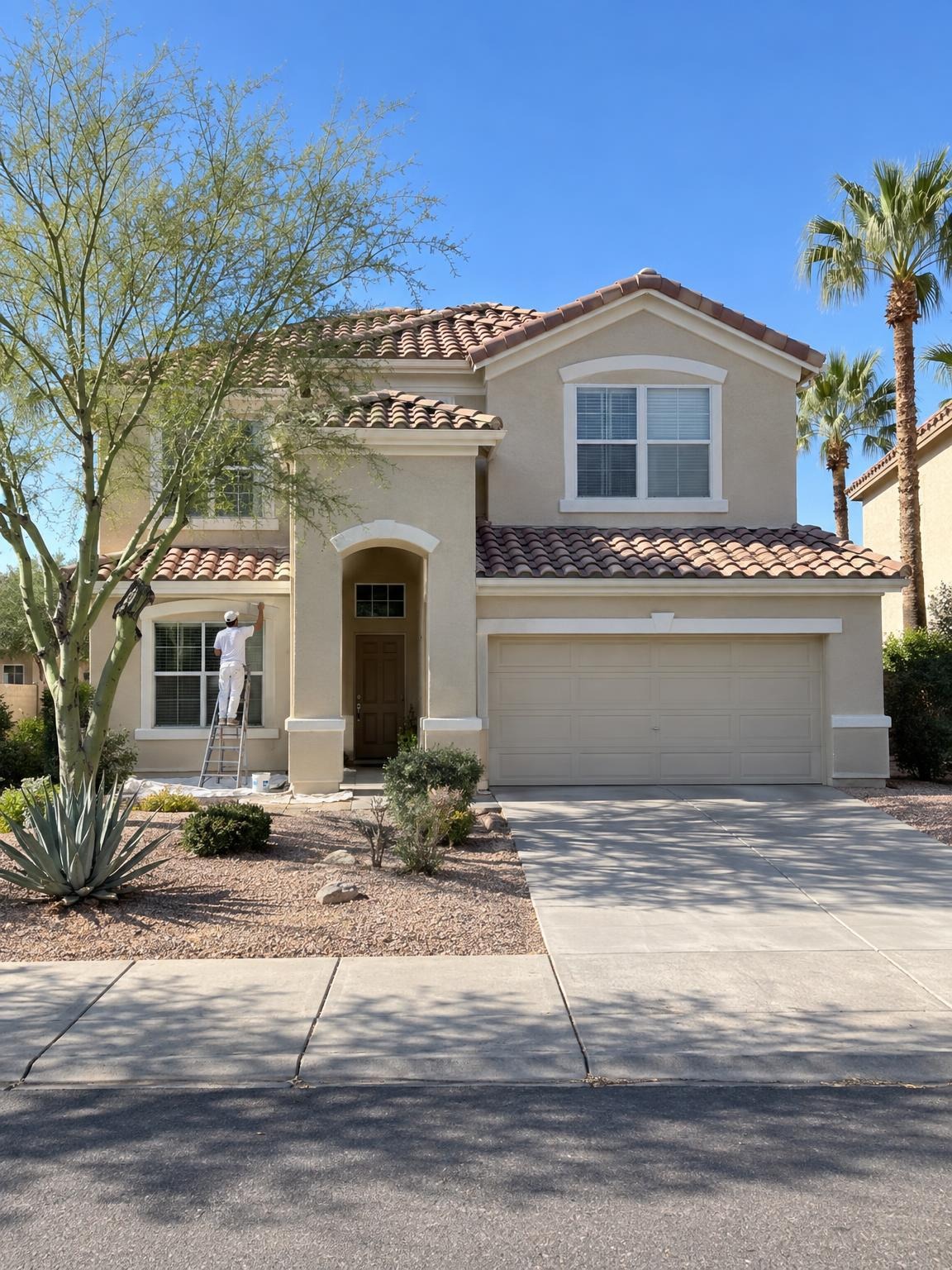 Two-story stucco home with a tile roof, trim going on