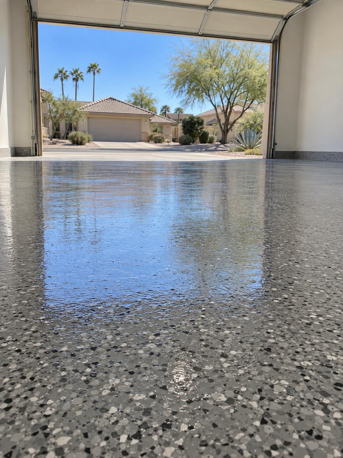 Grey flake epoxy garage floor with a clear coat