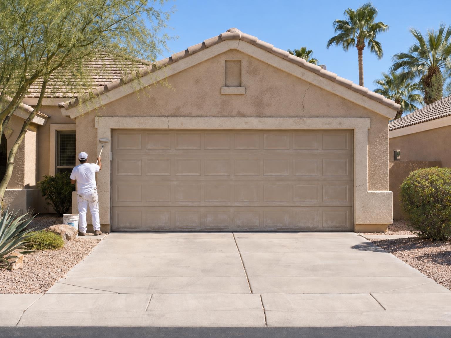 Faded tan garage door on a stucco home before painting