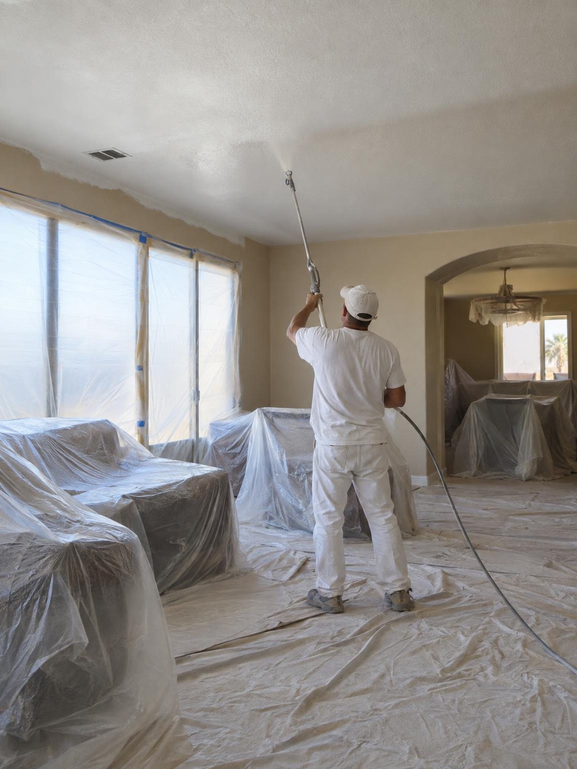 Painter spraying a ceiling with the room covered