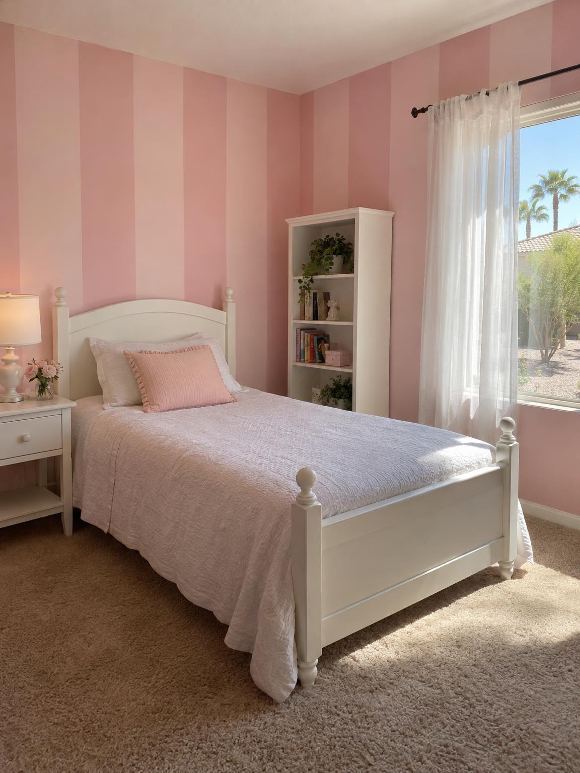 Girl’s bedroom painted in pink vertical stripes