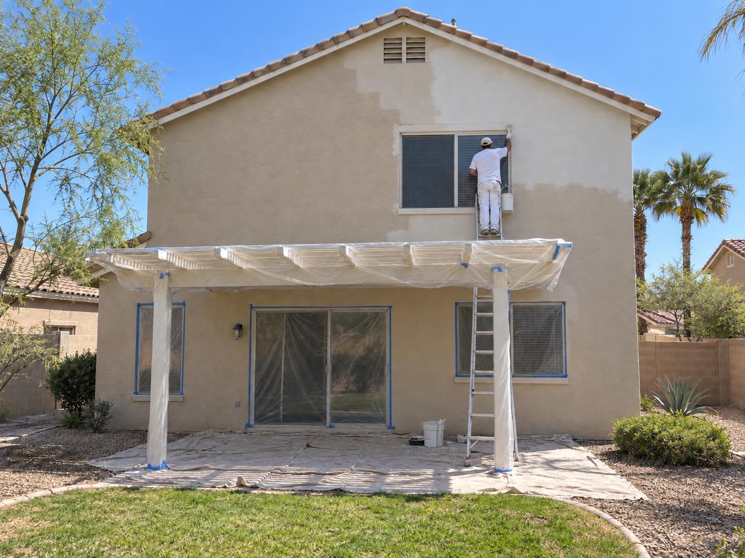 Painter on a ladder at an upstairs window during an exterior job